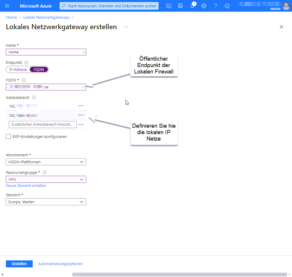 Anbinden von Azure VPN an des interne Netzwerk - Network 23 S2S Local Gateway Einstellungen Lokales Netzwerkgateway erstellen Tragen Sie hier Ihren Endpunkt und die lokalen IP Adressbereiche ein.