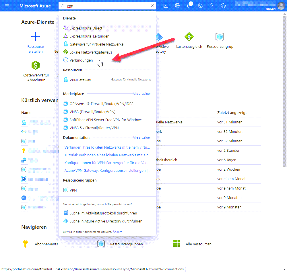 Anbinden von Azure VPN an des interne Netzwerk - Network 26 S2S AZ Verbingungen Anlegen der Site2Site Verbindung in Azure Wechseln Sie zu den VPN Verbindungen im Azure Portal.