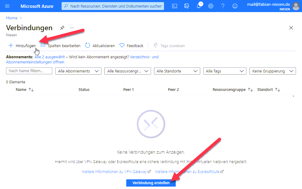 Anbinden von Azure VPN an des interne Netzwerk - Network 27 S2S AZ Verbingung anlegen e1615888024325 Legen Sie eine neue VPN Verbindung an Klicken Sie dazu auf "Hinzufügen" oder "Verbindung erstellen"