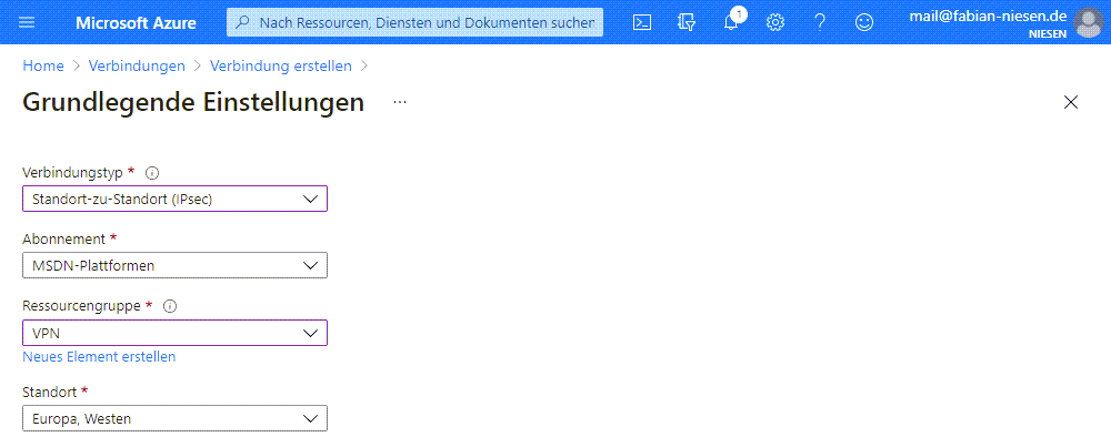 Anbinden von Azure VPN an des interne Netzwerk - Network 28 S2S AZ Verbingung Grundlegende Einstellungen e1615888095369 Festlegen der Grundlegenden Einstellungen Wählen Sie als Verbindungstyp "Standort-zu-Standort (IPsec)".