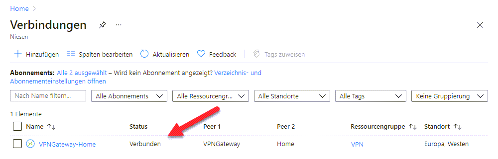 Anbinden von Azure VPN an des interne Netzwerk - Network 31 S2S AZ Verbindung eingerichtet Nach der Provisionierung sollte nach kurzer Wartezeit die Verbindung auch auf Verbunden stehen.