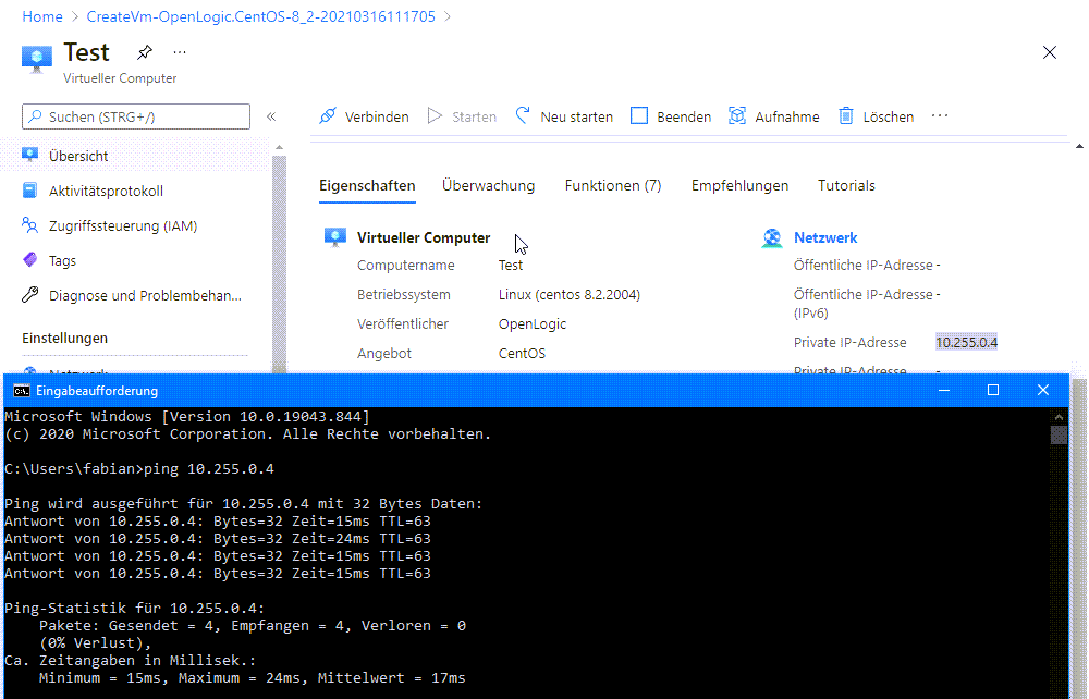 Anbinden von Azure VPN an des interne Netzwerk - Network 32 S2S AZ Verbindung Test Funktioniert es wirklich? Dazu pinge ich einfach mal eine Test VM an. Diese habe ich in das Frontend Netzwerk eingebunden.