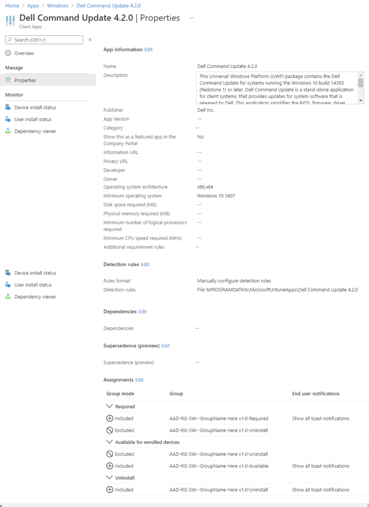 Screenshot Azure Portal: Eigenschaften Dell Command Update nach Invoke-Upload.ps1