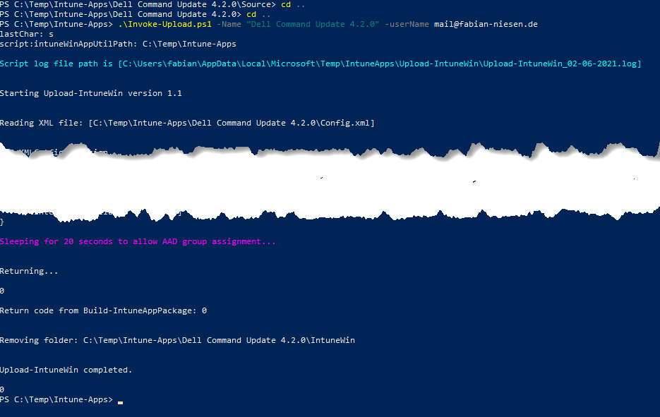 Intune Paketierung einfach gemacht - 02062021 Invoke Upload Ausschnitt von der PowerShell Ausführung des Befehl Invoke-Upload.ps1 für die Intune Paketierung
