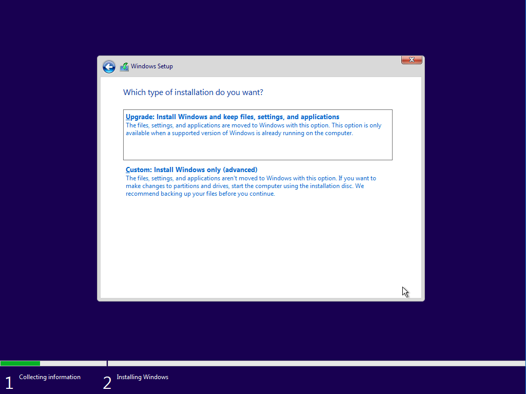Windows 11 Installation - Erste Einblicke - collecting information windows setup which type Collecting information
Windows Setup
Which type of installation do you want?
Upgrade: Install Windows and keep files, settings, and applications
The files, settings, and applications are moved to Windows with this option. This option is only
available when a supported version of Windows is already running on the computer.
Custom: Install Windows only (advanced)
The files, settings, and applications aren't moved to Windows with this option. If you want to
make changes to partitions and drives, start the computer using the installation disc. We
recommend backing up your files before you continue.
Installing Windows