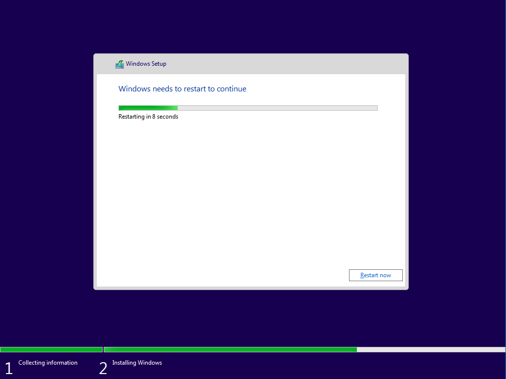 Windows 11 Installation - Erste Einblicke - computergenerierter alternativtext collecting inf 1 Computergenerierter Alternativtext:
Collecting information
Windows Setup
Windows needs to restart to continue
Restarting in 8 seconds
Restart now
Installing Windows