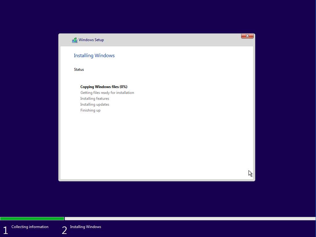 Windows 11 Installation - Erste Einblicke - computergenerierter alternativtext collecting inf Computergenerierter Alternativtext:
Collecting information
Windows Setup
Installing Windows
Status
Copying Windows files (0%)
Getting files ready for installation
Installing features
Installing updates
Fimshing up
Installing Windows