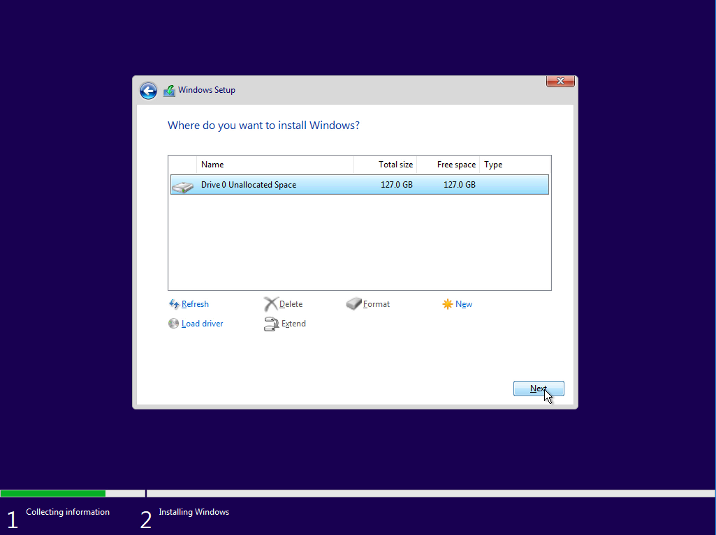 Windows 11 Installation - Erste Einblicke - computergenerierter alternativtext windows setup Computergenerierter Alternativtext:
Windows Setup
Where do you want to install Windows?
Name
Drive O Unallocated Space
Total Size
1270
format
Free space Type
1270
* New
Collecting information
Refresh
Load driver
Installing Windows
Delete
Extend
