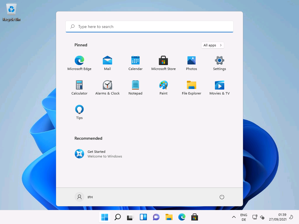 Windows 11 Life-Cycle und andere Änderungen für Unternehmen - recycle bin p type here to search pinned micros Windows 11 Startscreen