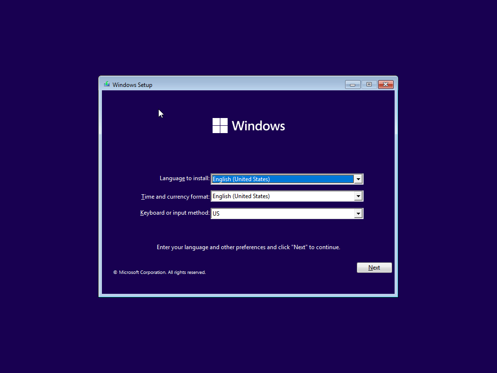 Windows 11 Installation - Erste Einblicke - windows setup language to install windows nite Windows Setup
Language to install:
Windows
nite tat
English (United States)
lime and currency format:
Keyboard or input method:
Enter your language and other preferences and click "Next" to continue.
@ All rights