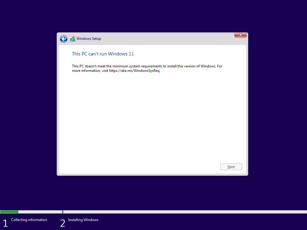 This PC can't run Windows 11 - Error Message