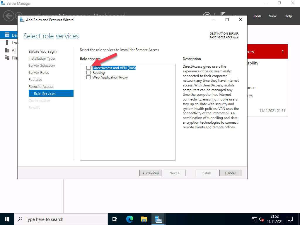 VPN Server with Windows Server 2022 (RAS) 5 Auswahl der "DirectAccess and VPN (RAS)" Funktionsrolle