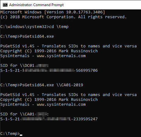 Die Windows SID - und ein altes Problem - 20220924 SID PSgetSid Windows SID mit PSgetSid auslesen - Administrator: Command Prompt Microsoft windows [Version 18.8.17763.3486) (c) 2818 microsoft Corporation. All rights reserved . : \windows\system32>cd \temp : \ Temp>PsGetsid64. exe PsGetSid VI .45 - Translates SIDS to names and vice versa Copyright (C) 1999-2816 Mark Russinovich Sysinternals - www.sysinternals . com SID for 566995786 PsGetSid VI .45 - Translates SIDS to names and vice versa Copyright (C) 1999-2816 mark Russinovich Sysinternals - www.sysinternals . com SID for