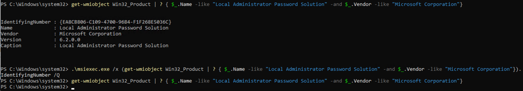Screenshot PowerShell: .\msiexec.exe /x (get-wmiobject Win32_Product | ? { $_.Name -like "Local Administrator Password Solution" -and $_.Vendor -like "Microsoft Corporation"}).IdentifyingNumber /Q
