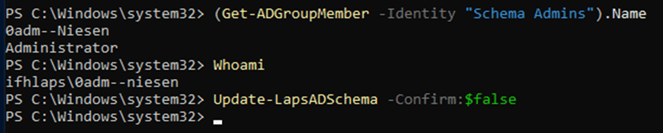 Windows LAPS und die Migration von Microsoft LAPS – Teil 2 5 Screenshot PowerShell: Update-LapsADSchema