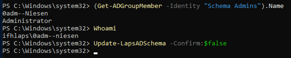 Screenshot PowerShell: Update-LapsADSchema