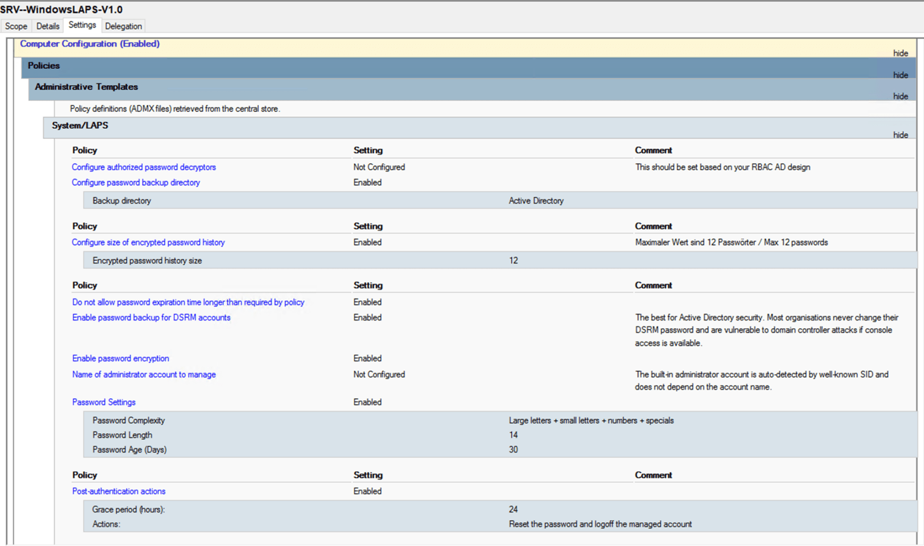 Screenshot: Grouppolicy Setting LAPS