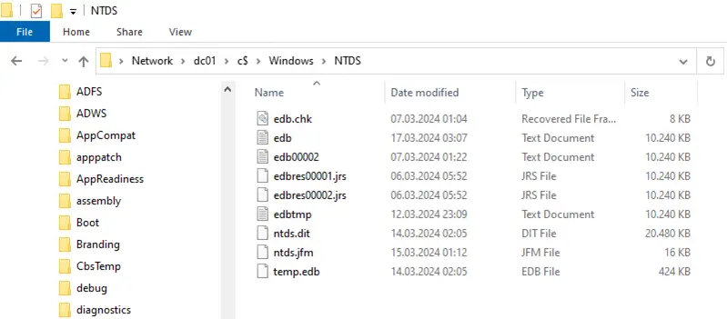 Active Directory Datenbank Ordner im Dateisystem unter c:\Windows\NTDS